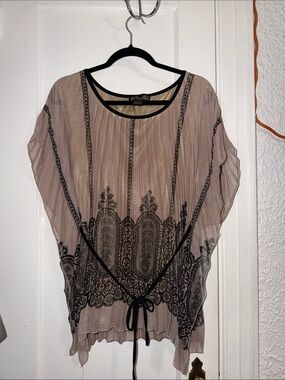 mandee Taupe Sheer Lace-Print Tie-Waist Tunic with Black Trim